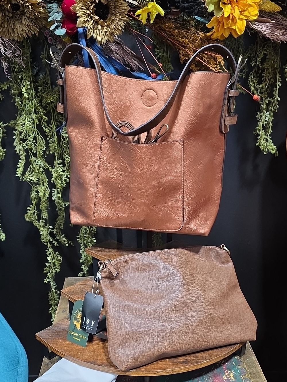 Joy Susan Copper Brown Vegan Leather Shoulder Tote with Matching Pouch